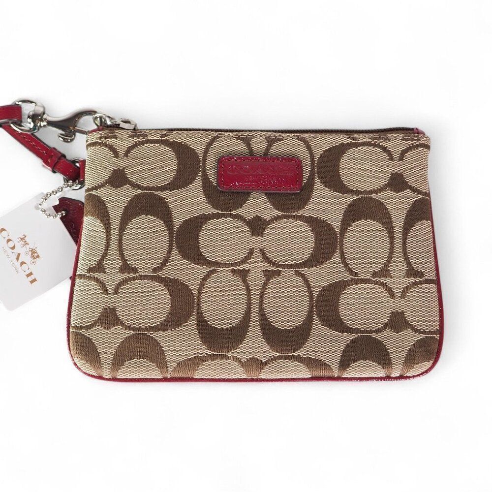 Coach Parker Signature Canvas‎ Wristlet F51775 Khaki / Crimson NWT